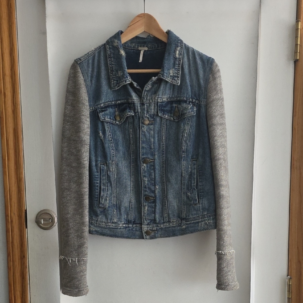 Free People Blue Denim Jacket with Gray Sleeves